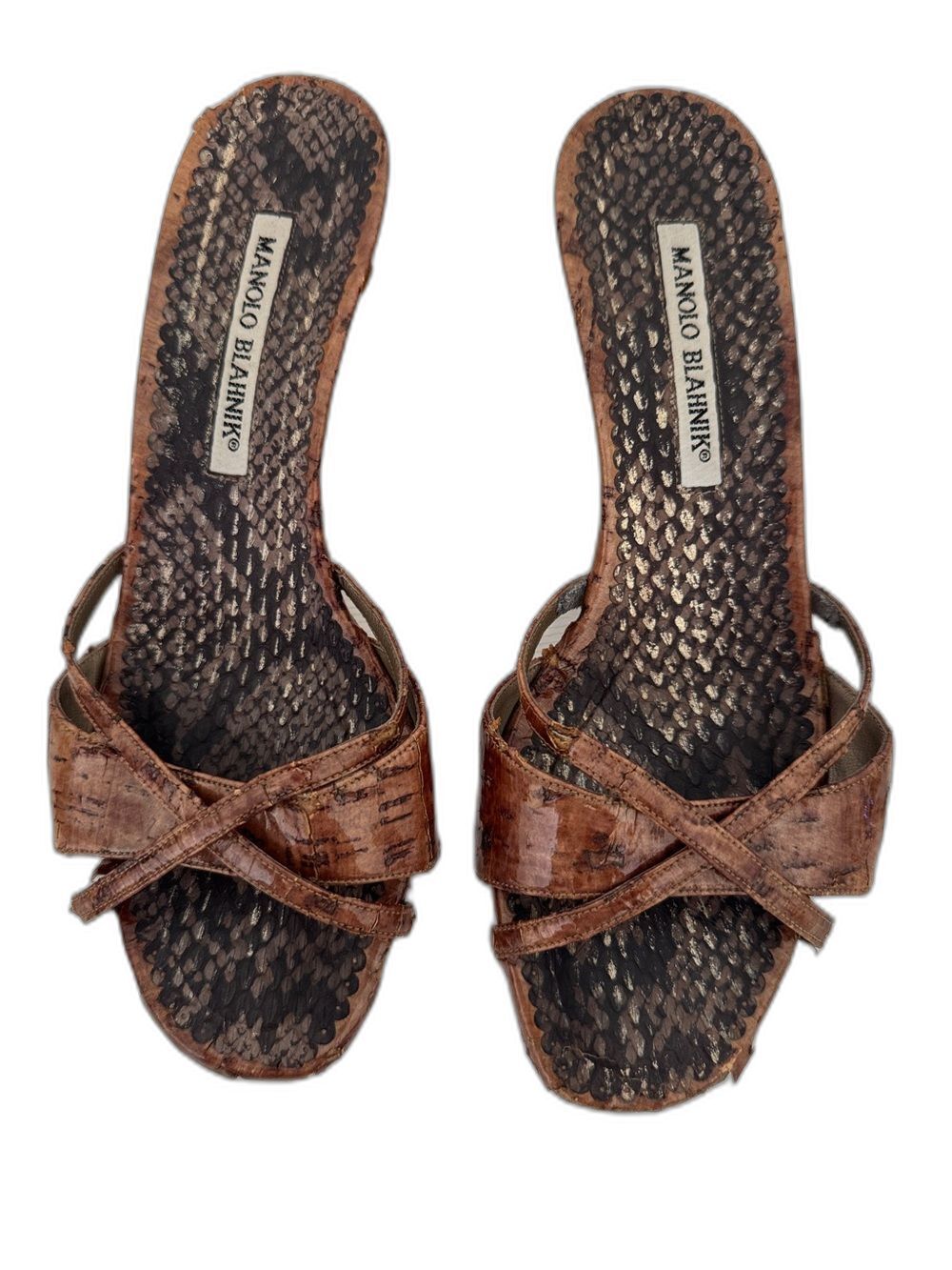 Manolo Blahnik Vintage Brown Gold Cork Python Snake Rare Strappy Kitten Heels